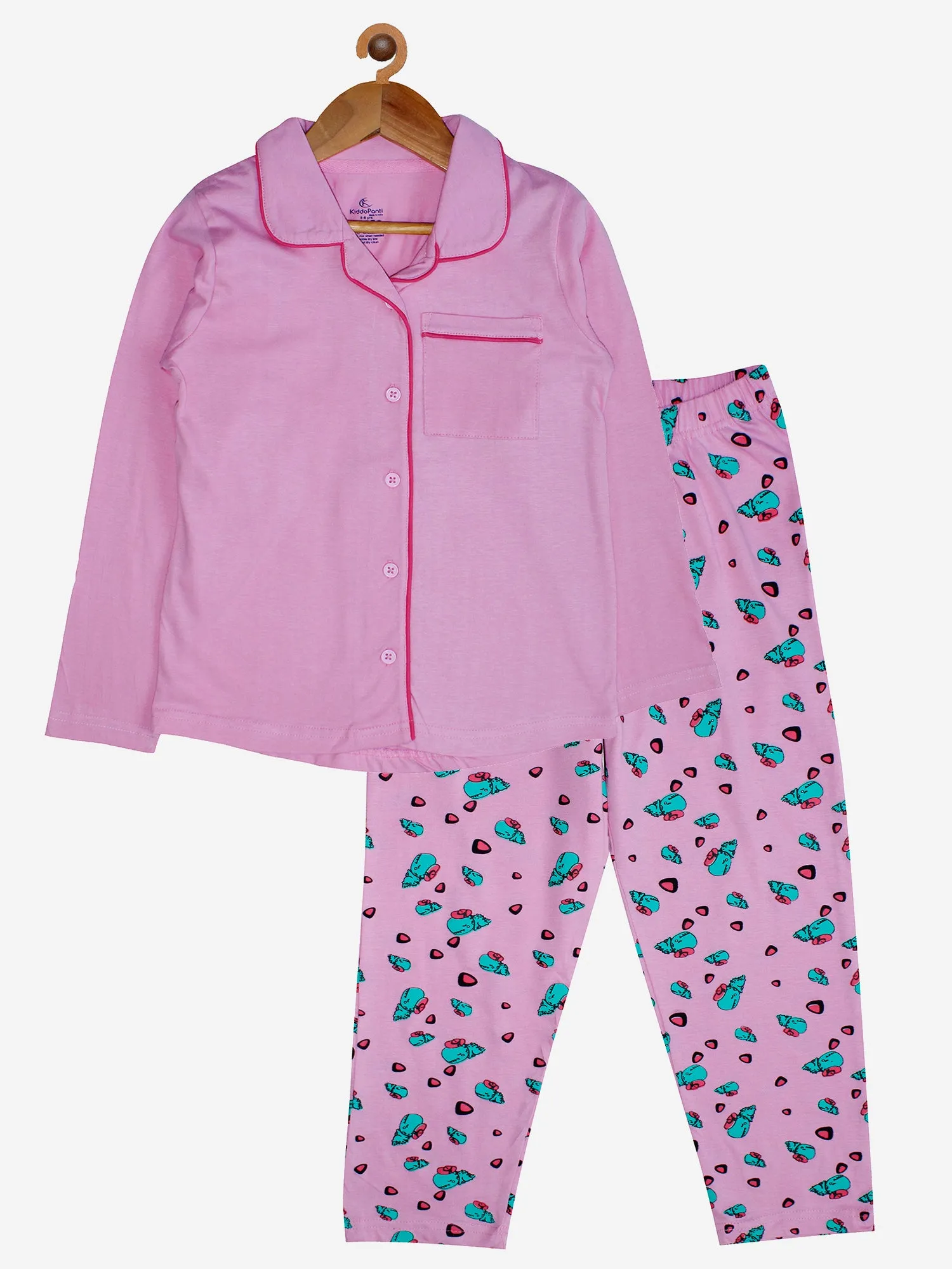 Girl's Printed Front Open Shirt & AOP Pyjama Set