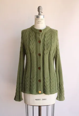 Vintage 1970s Cable Knit Green Cardigan with Pockets